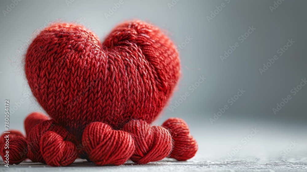 On a white background, a woolen thread in the shape of a heart is woven into the wool.