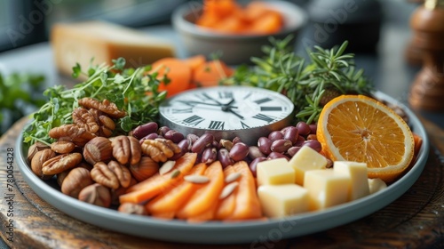 A circle of vegetables, oranges, cheese, nuts, and a clock. Diet and lunch time, intermittent fasting concept, plate of healthy food. photo