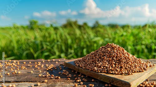 Buckwheat grains on a wooden board against the background of a buckwheat field in beautiful weather