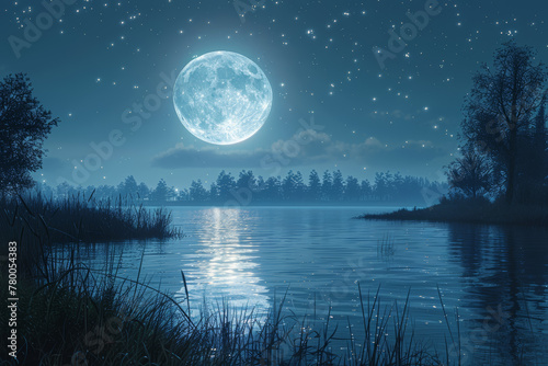The shimmering silver of moonlight reflecting off tranquil waters, casting a magical glow on the nocturnal landscape. Concept of nocturnal enchantment. Generative Ai. © Sebastian