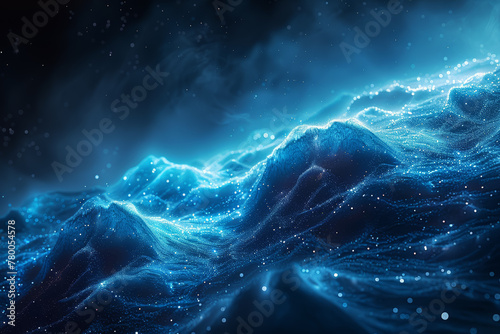 The ethereal glow of bioluminescent organisms in a dark ocean abyss, illuminating the depths with their otherworldly light. Concept of mysterious beauty in the depths of the sea. Generative Ai. © Sebastian