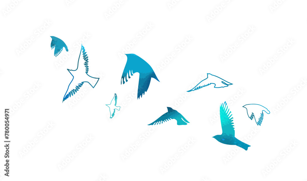 A flock of blue watercolor flying birds. hand drawing. Not AI, Free birds abstraction. Vector illustration - obrazy, fototapety, plakaty 
