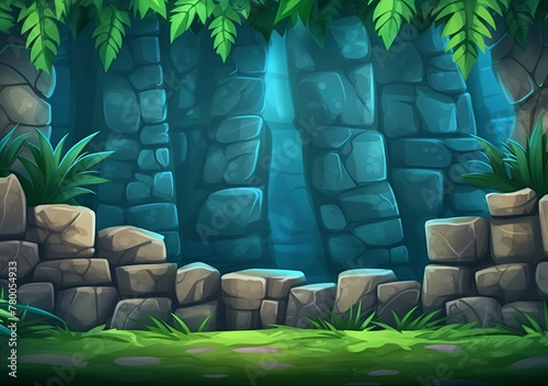A vibrant cartoon illustration of a jungle scene with a lush green foreground and a mysterious stone wall background.