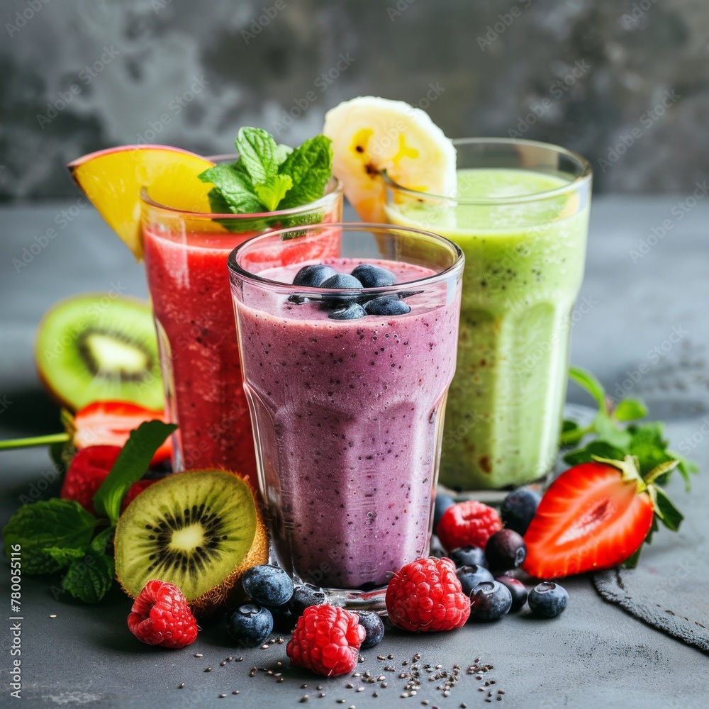Three glasses of fresh fruit smoothies with berries, kiwi, and mint on a dark slate background. Three glasses of fresh fruit smoothies with berries, kiwi, and mint on a rustic dark slate background.  - obrazy, fototapety, plakaty 