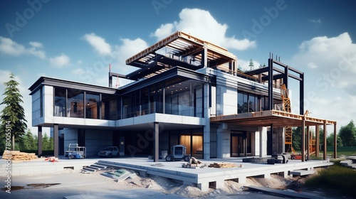 Luxury house in industrial style under construction for building and architecture concept background.