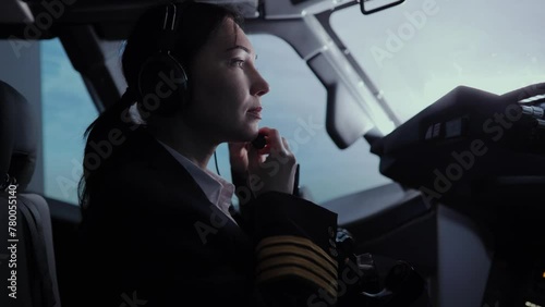 A female pilot prepares to take off on a large airliner