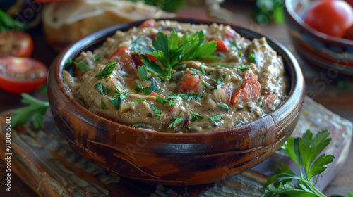 Savory bulgarian patatnik served in a rustic clay pot, garnished with herbs