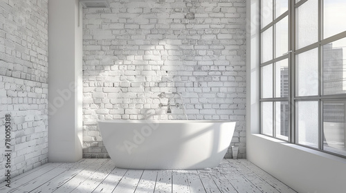 A cozy white bathroom with a brick wall and a panoramic window emanates a delightful ambiance