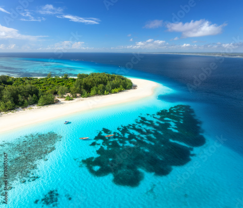 Aerial view of blue sea and amazing Mnemba island  Zanzibar. Top view of white sandy beach  green trees  palms  ocean with clear azure water on summer sunny day. Tropical landscape. Exotic. Travel