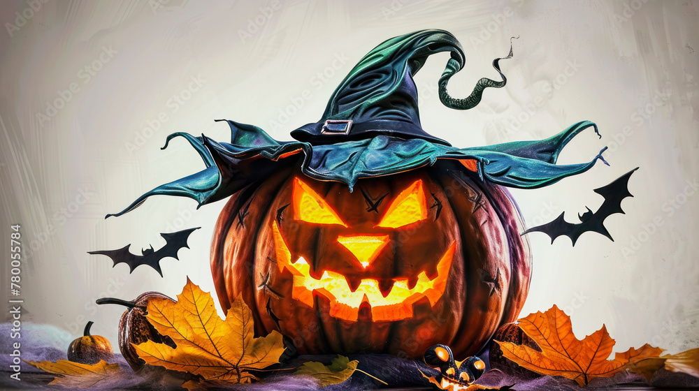 illustration with a creepy hat wearing jack o lantern lying on autumn leaves