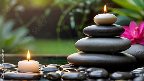 Banner spa stones in garden with candles and flowers for massage spa treatment  aroma  healthy wellness relax calm luxurious atmosphere with pampering and well-being healthy skin practices 