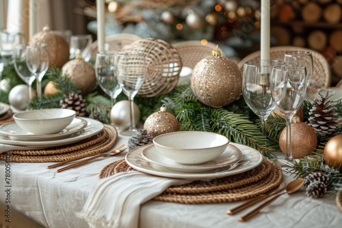 Elegant Christmas Dinner Table With Silver and Gold Decorations