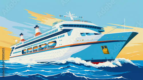 illustration of a white modern cruise liner in ocean