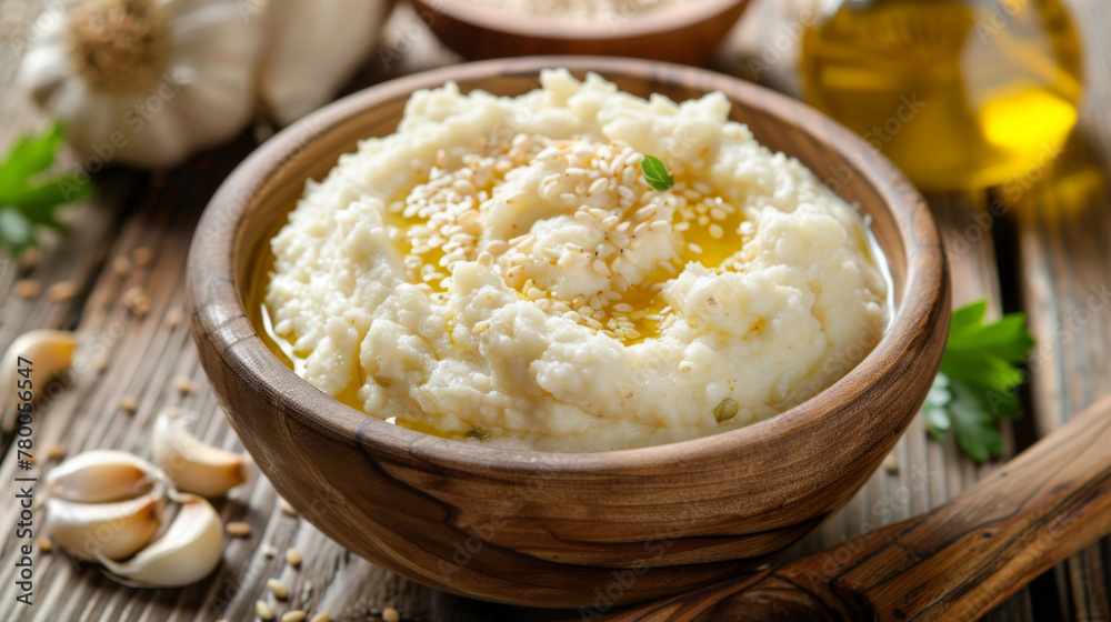 Traditional bulgarian garlic spread in wooden bowl Traditional bulgarian garlic spread in wooden bowl