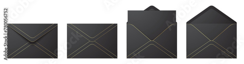 Vector set of realistic black envelopes with golden details, in different positions. Folded and unfolded envelope mockup isolated on a white background.