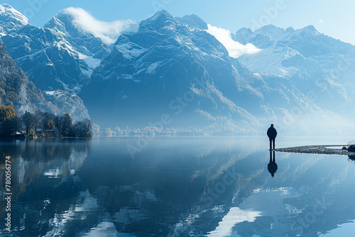A photographer capturing the distant mountains reflected in the still waters of the lake. Concept of natural beauty and serenity. Generative Ai.