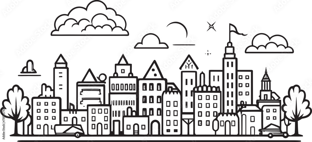 Downtown Discovery: Simple Line Drawing Icon Skyline Secrets: Vector Logo Design of Urban Landscape