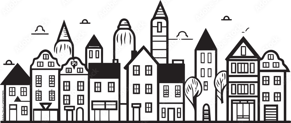 Cityscape Chronicles: Vector Logo Featuring Simple Townscape Downtown Discovery: Simple Line Drawing Icon