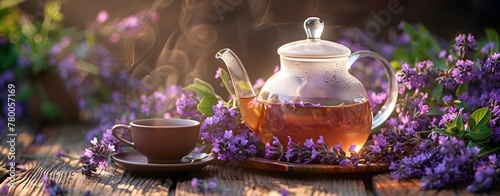 a teapot and cup with flowers on a wooden surface photo