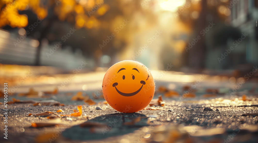 smiley face drawn on an orange ball, sitting in the middle of a city street with sunlight streaming through trees - obrazy, fototapety, plakaty 
