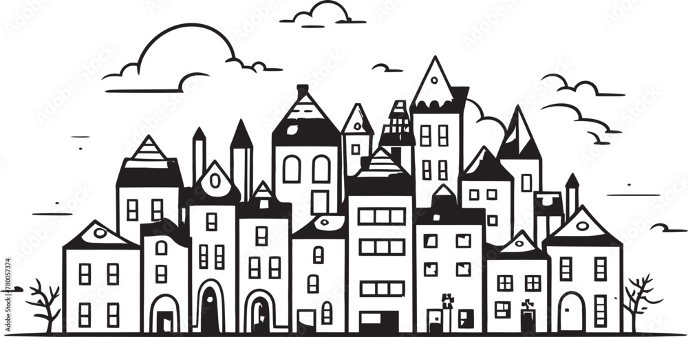 Skyline Schematic: Simplified Townscape Vector Icon Urban Zenith: Vector Logo Design of Clean Cityscape