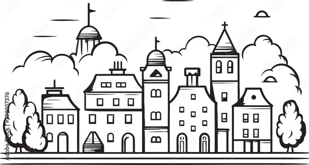 Downtown Deliberation: Simple Line Drawing Emblem Metropolitan Mosaic: Vector Logo of Basic Cityscape