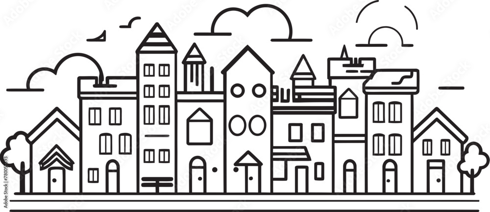 Cityscape Sketchbook: Vector Logo of Urban Landscape Sketch Downtown Delight: Simplistic Line Drawing Emblem
