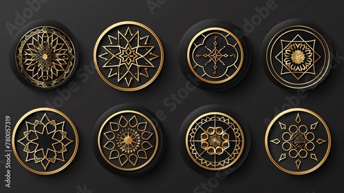 Islamic Logo Set in Gold on Dark Background: Ramadan Kareem Vector Pattern. Round Shape Logo Design. Islamic Circle Logo with Simple Pattern. Arabic Vector 3D Emblem.