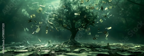 a tree with money falling from it photo