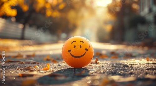 smiley face drawn on an orange ball, sitting in the middle of a city street with sunlight streaming through trees
