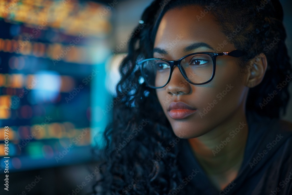 Young Black Woman Engaged in Coding on Computer in a Tech Environment Young Black Woman Engaged in Coding on Computer in a Tech Environment