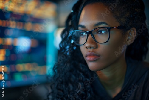Young Black Woman Engaged in Coding on Computer in a Tech Environment