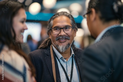 Indigenous Entrepreneur Engaging in Networking Event with Business Professionals