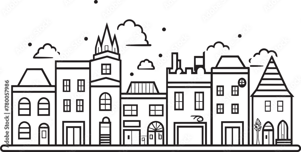 Fototapeta premium Architectural Essence: Simple Townscape Line Art Icon Skyline Silhouette: Vector Logo Featuring Urban Landscape