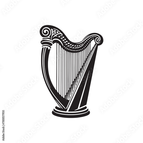 Artistic Rhapsody: Intricate Silhouette of Harp Music Instrument, Illustrated and Vectorized with Minimalist Detail, Harp Silhouette - Harp Illustration - Minimallest Harp Vector 