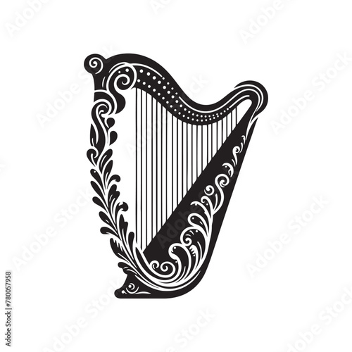 Musical Reverie: Captivating Silhouette of Harp Music Instrument, Crafted with Precision in Illustration and Vector Design, Harp Silhouette - Harp Illustration - Minimallest Harp Vector
