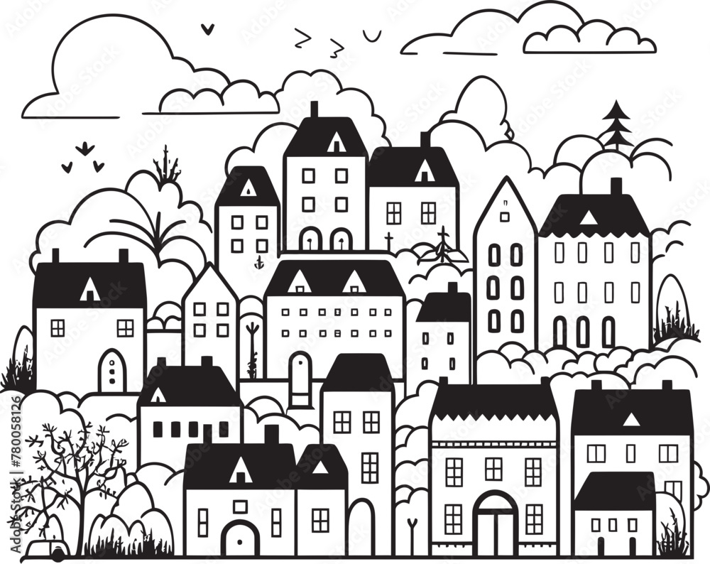 Skyline Schematic: Simplified Vector Townscape Icon Architectural Aura: Clean Line Drawing Urban Landscape