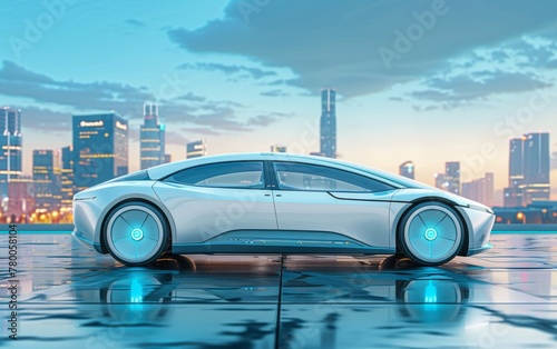 A futuristic white car with blue illuminated wheels stands before a stylized cityscape, reflecting off the glossy surface below © Lena_Fotostocker