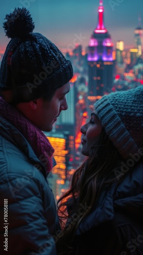 Man and Woman Standing in Front of Cityscape