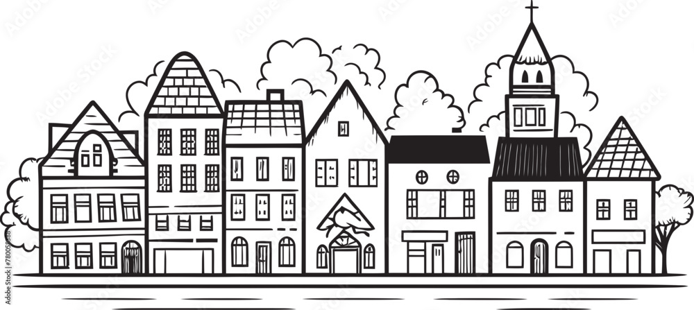 Cityscape Composition: Simple Townscape Line Drawing Icon Cityscape Sketch: Vector Logo Design of Urban Landscape
