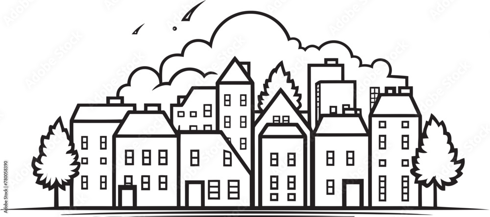 Cityscape Sketch: Vector Logo Design of Urban Landscape Urban Essence: Simplistic Townscape Line Drawing Icon