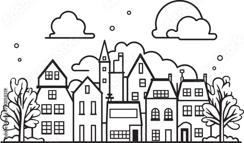 Urban Unison: Vector Logo Design of Simplistic Cityscape Cityscape Composition: Simple Townscape Line Drawing Icon