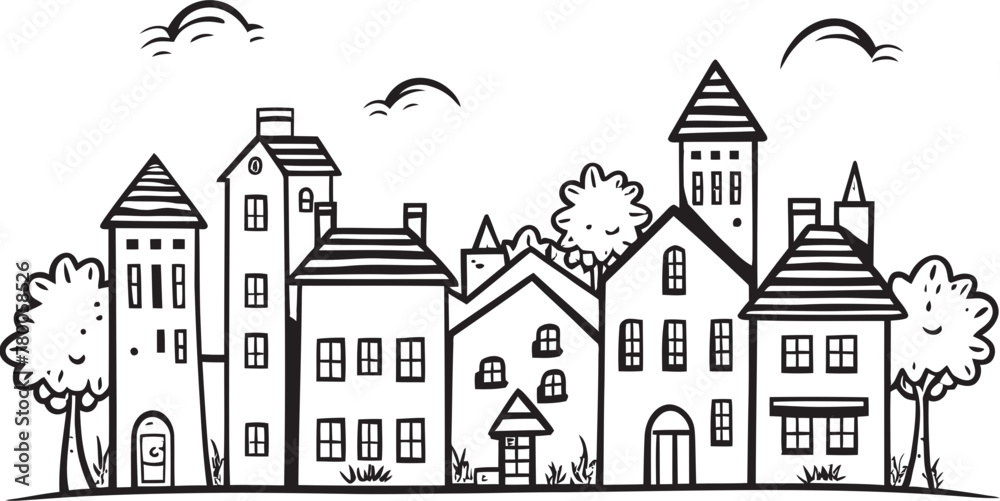 Downtown Dynamics: Simplistic Line Drawing Icon Townscape Tapestry: Vector Logo Design of Urban Landscape