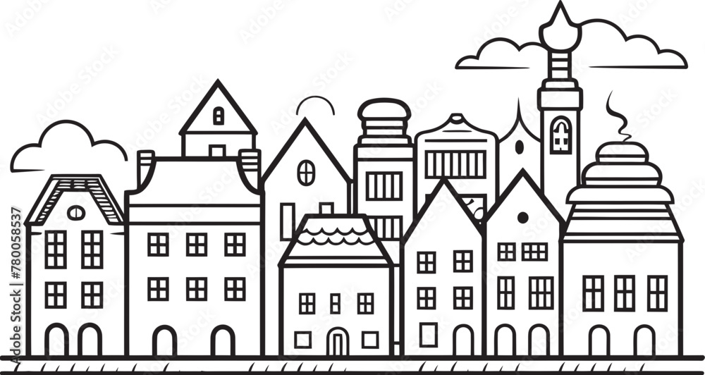 Cityscape Symphony: Vector Icon of Simplistic Townscape Skyline Scribbles: Simplistic Line Drawing Logo Design