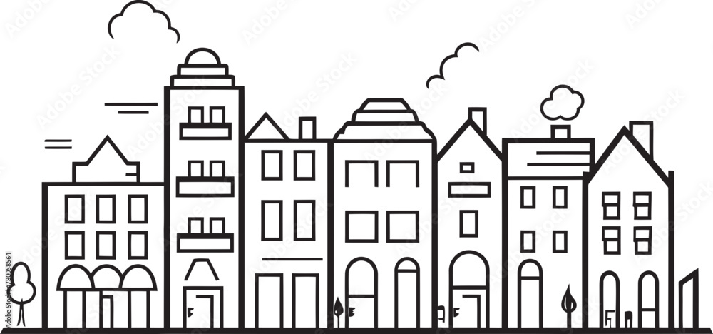 City Schematics: Simple Townscape Line Drawing Logo Neighborhood Blueprint: Vector Logo Design of Urban Scene