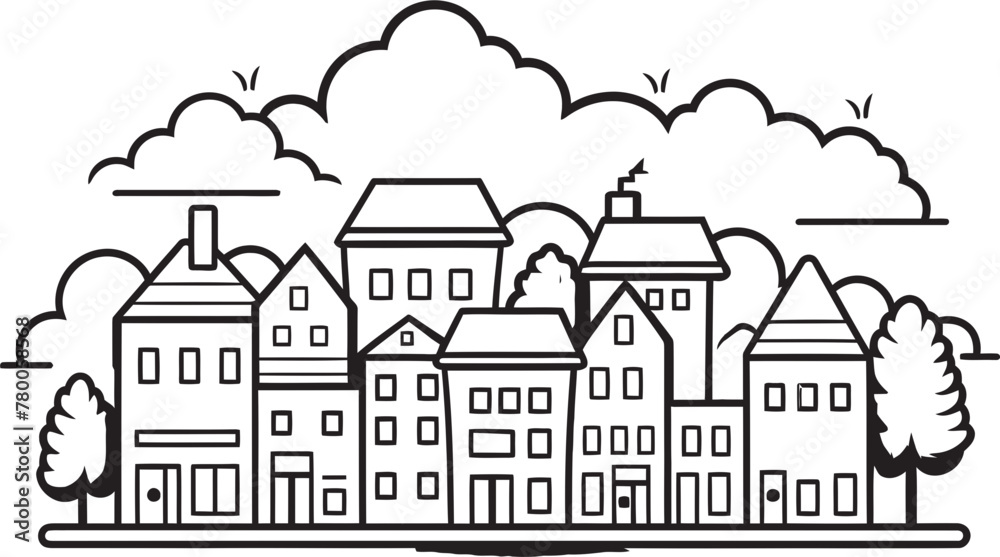 Downtown Discovery: Vector Icon of Simple Townscape Skyline Secrets: Simple Line Drawing Logo Design