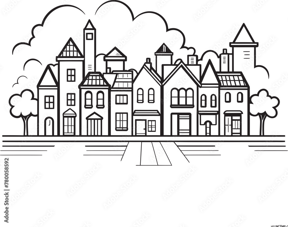 Cityscape Symmetry: Vector Logo Featuring Simplistic Townscape Downtown Dynamics: Simplistic Line Drawing Icon