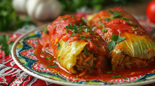 Traditional bulgarian stuffed cabbage rolls in tomato sauce