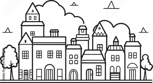 Townscape Texture: Vector Logo Design of Urban Landscape Skyline Sketch: Simple Line Drawing Logo