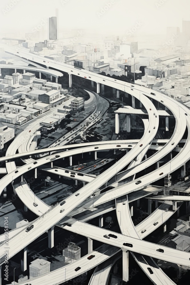This black and white aerial shot captures cars navigating through a bustling highway intersection. The intersecting roads are filled with vehicles moving in different directions